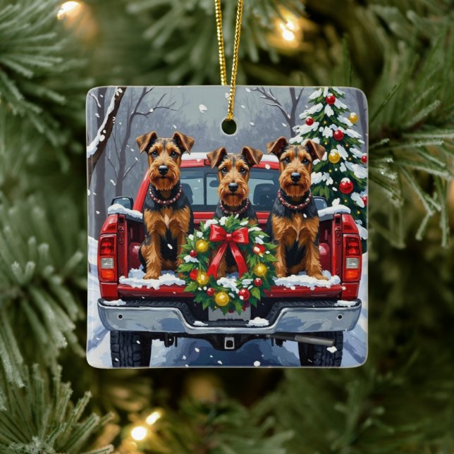 Airedale Terrier Christmas Red Truck Holiday Ceramic Ornament (Tree)