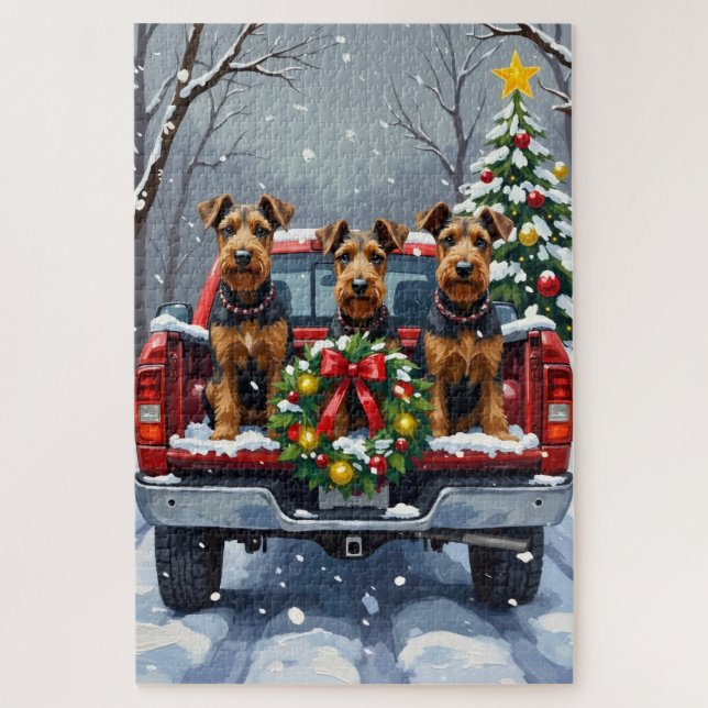 Airedale Terrier Christmas Red Truck Holiday Jigsaw Puzzle (Vertical)