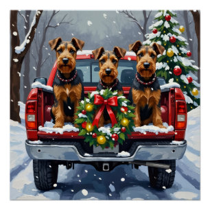 Airedale Terrier Christmas Red Truck Holiday Poster