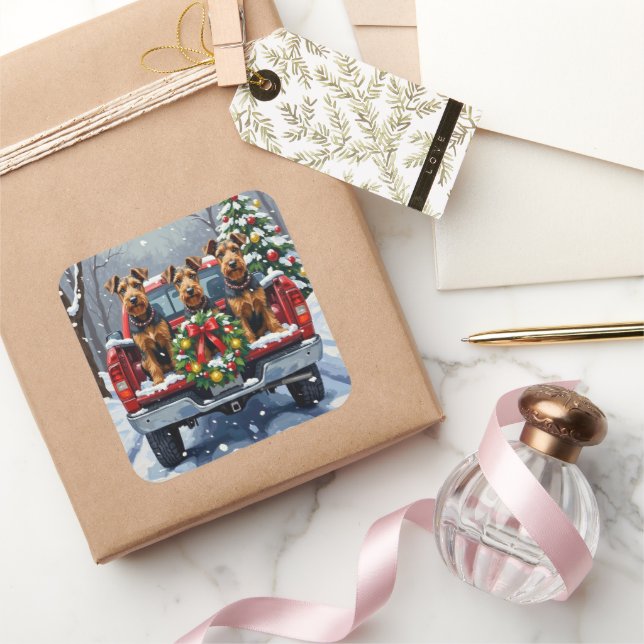 Airedale Terrier Christmas Red Truck Holiday Square Sticker (Gifting)