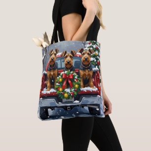 Airedale Terrier Christmas Red Truck Holiday Tote Bag