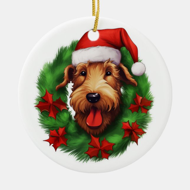Airedale Terrier Christmas Wreath Ceramic Tree Decoration (Front)