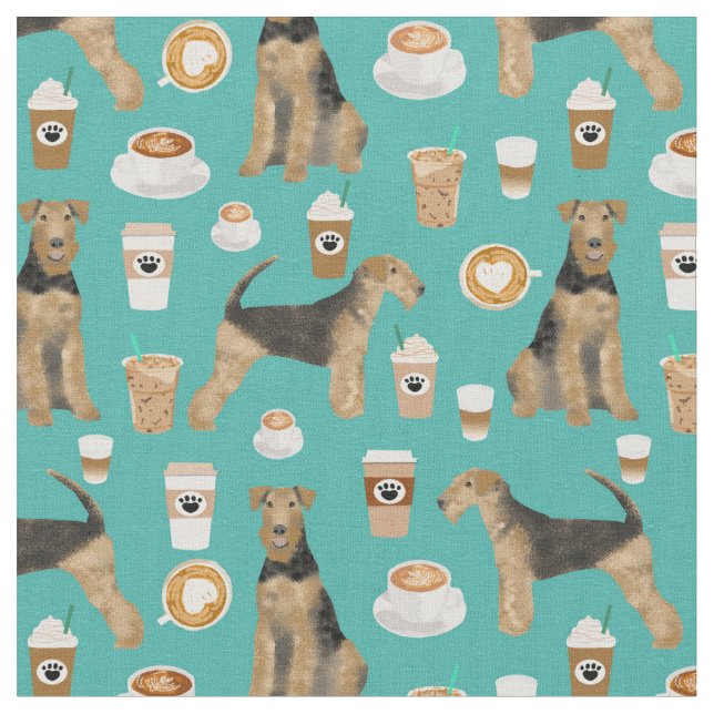 airedale terrier coffee lover turquoise fabric (Close Up)