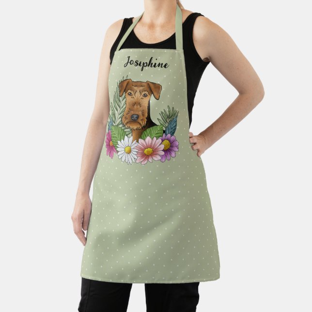 Airedale Terrier Colourful Flowers And Name Green Apron (Insitu)