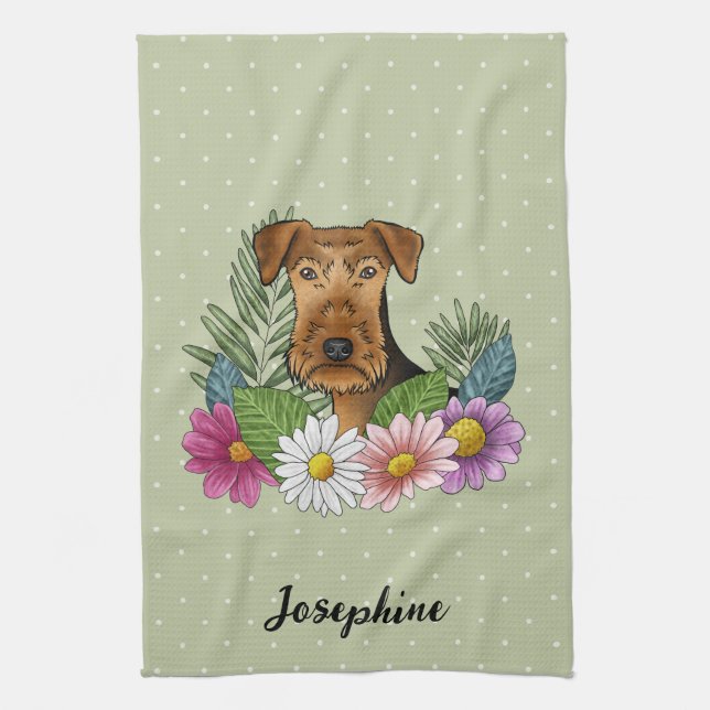 Airedale Terrier Colourful Flowers And Name Green Tea Towel (Vertical)