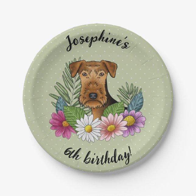 Airedale Terrier Colourful Flowers Happy Birthday Paper Plate (Front)
