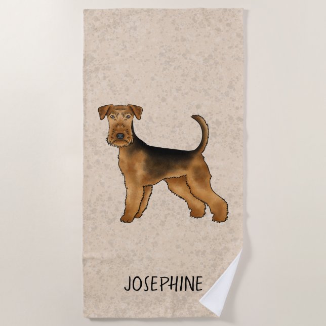 Airedale Terrier Cute Cartoon Dog And Name Beige Beach Towel (Front)