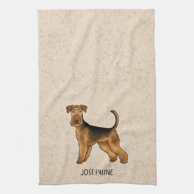 Airedale Terrier Cute Cartoon Dog And Name Beige Tea Towel (Vertical)