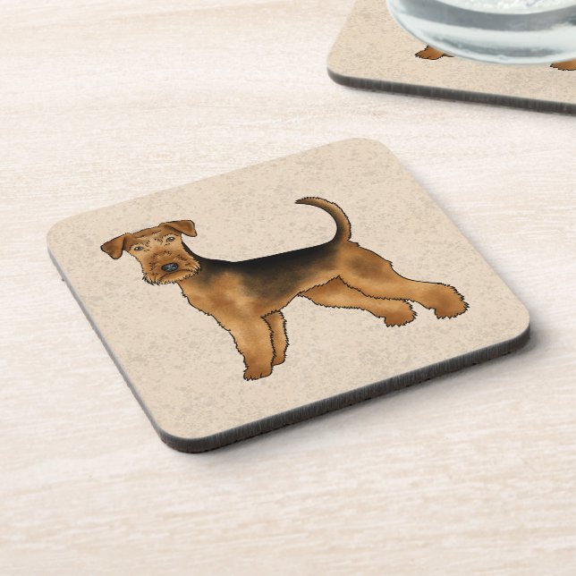 Airedale Terrier Cute Cartoon Dog On Beige Coaster (Left Side)