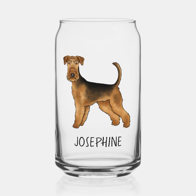 Airedale Terrier Cute Cartoon Dog With Custom Name Can Glass (Front)