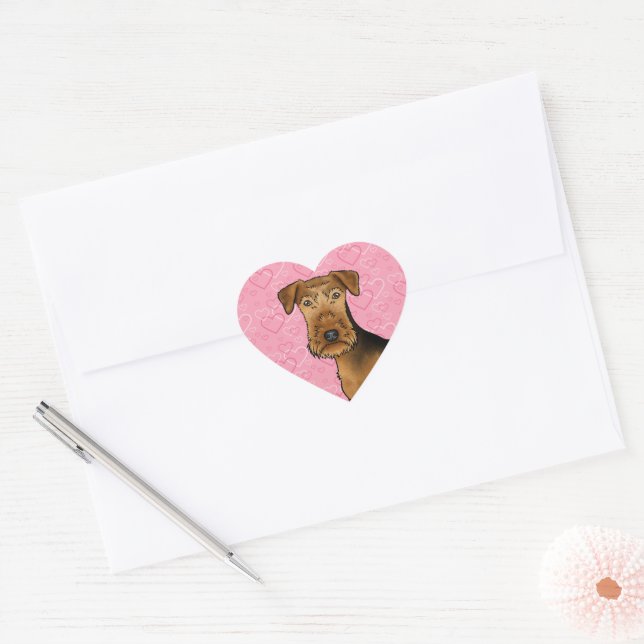 Airedale Terrier Cute Dog Head On Pink Hearts Heart Sticker (Envelope)