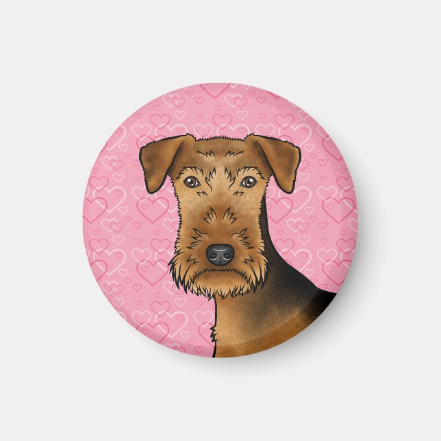 Airedale Terrier Cute Dog Head On Pink Hearts Magnet (Front)