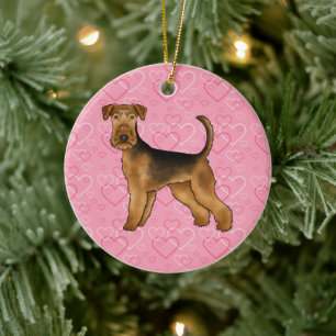 Airedale Terrier Cute Dog Love And Hearts On Pink Ceramic Tree Decoration