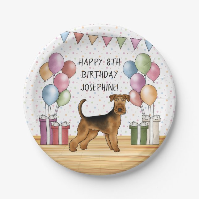 Airedale Terrier Cute Dog Pastel Happy Birthday Paper Plate (Front)