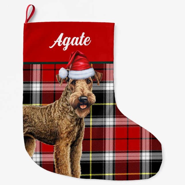 Airedale Terrier Cute Dog Plaid Christmas Stocking (Front)