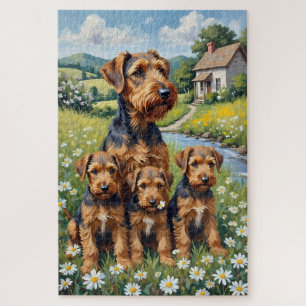 Airedale Terrier Daisy Meadow Art Jigsaw Puzzle