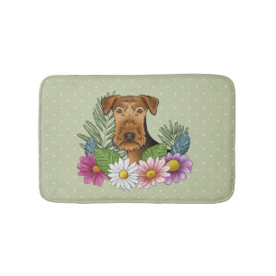 Airedale Terrier Dog And Colourful Flowers Green Bath Mat