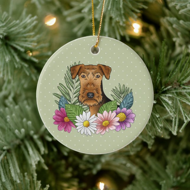 Airedale Terrier Dog And Colourful Flowers Green Ceramic Tree Decoration (Tree)