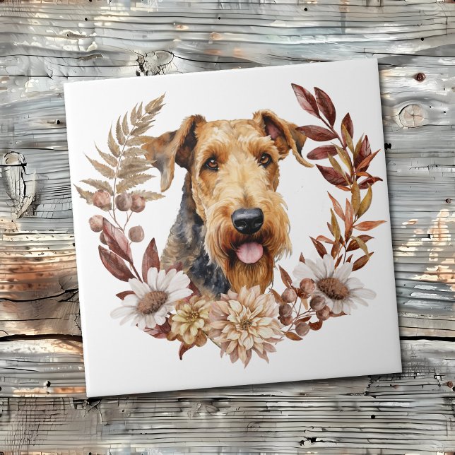 Airedale Terrier Dog Autumn Wreath Tile (Creator Uploaded)
