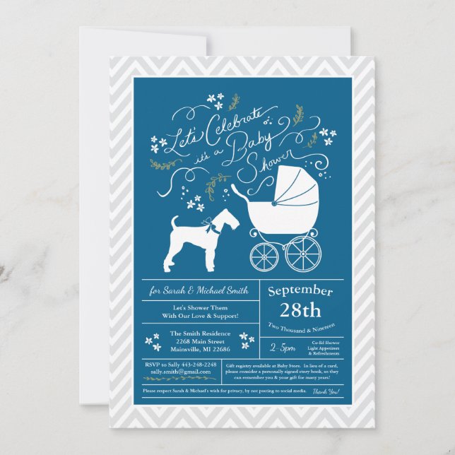 Airedale Terrier Dog Baby Shower Blue Boy Invitation (Front)