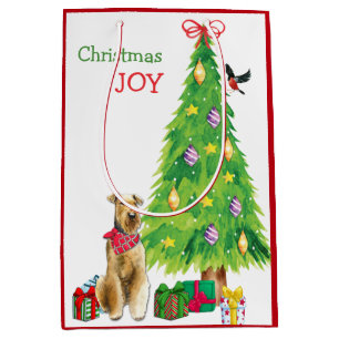Airedale Terrier Dog, Bird, and Christmas Tree Medium Gift Bag