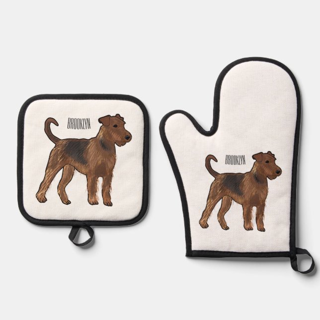 Airedale terrier dog cartoon illustration oven mitt & pot holder set (Front)