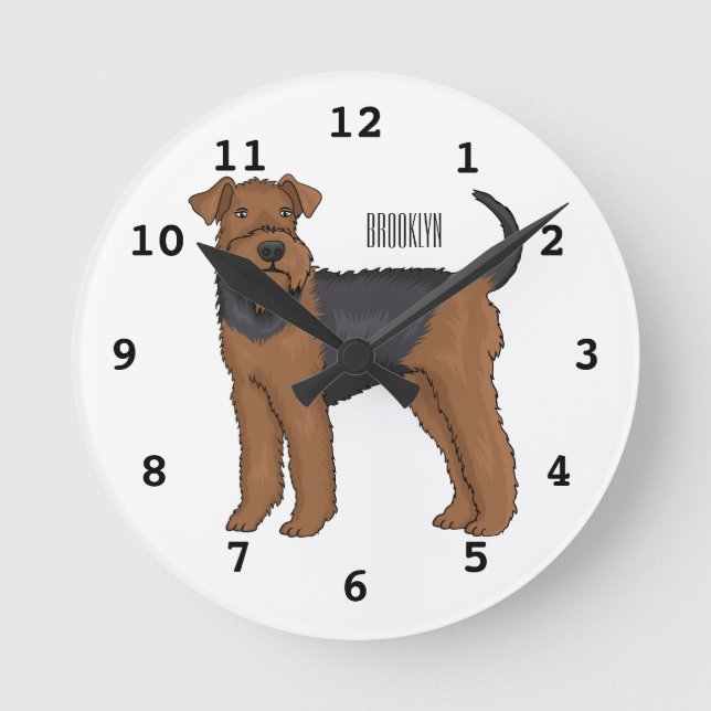 Airedale terrier dog cartoon illustration round clock (Front)