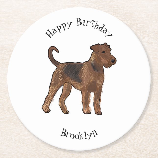 Airedale terrier dog cartoon illustration round paper coaster (Front)