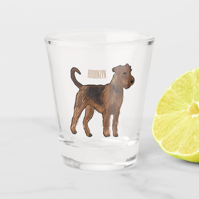 Airedale terrier dog cartoon illustration shot glass (Front)