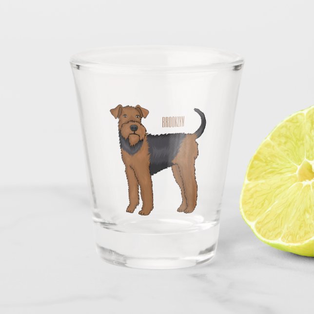 Airedale terrier dog cartoon illustration  shot glass (Front)