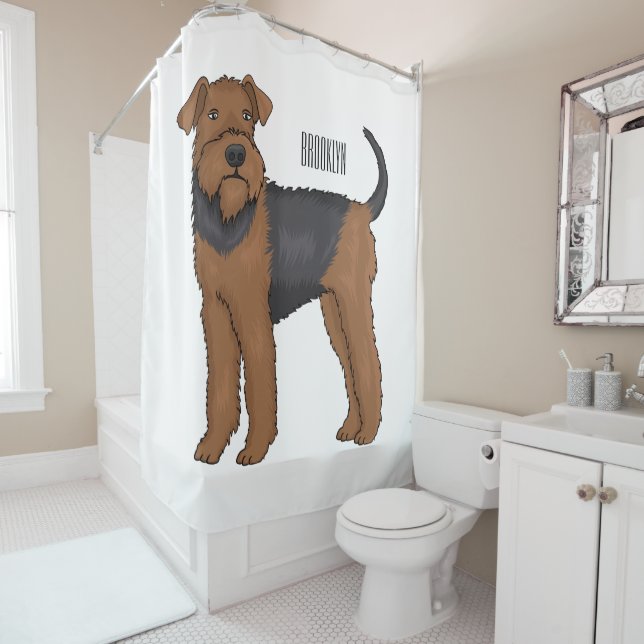 Airedale terrier dog cartoon illustration shower curtain (In Situ)