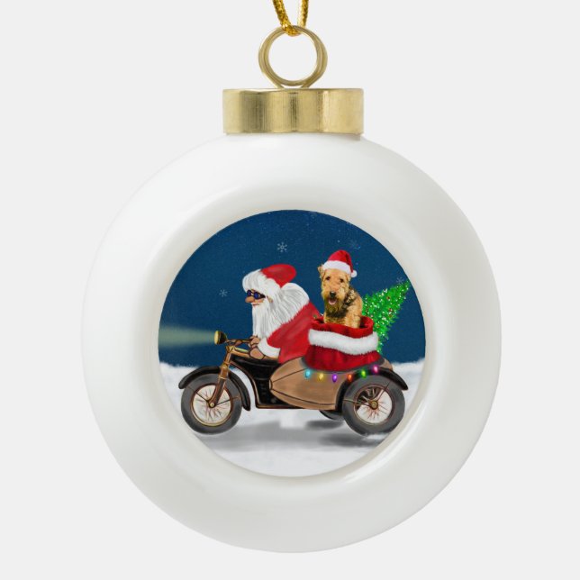 Airedale Terrier Dog Christmas Santa Claus   Ceramic Ball Christmas Ornament (Front)
