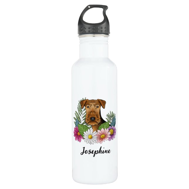 Airedale Terrier Dog Colourful Flowers And Name 710 Ml Water Bottle (Front)