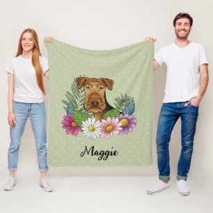 Airedale Terrier Dog Colourful Flowers And Name Fleece Blanket