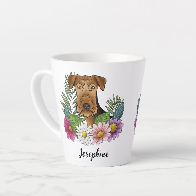 Airedale Terrier Dog Colourful Flowers And Name Latte Mug (Left Angle)