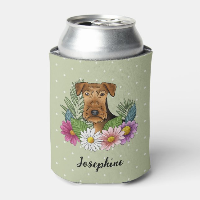 Airedale Terrier Dog Head Colourful Flowers Green Can Cooler (Can Front)