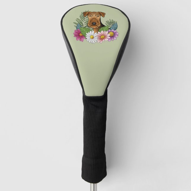 Airedale Terrier Dog Head Colourful Flowers Green Golf Head Cover (Front)