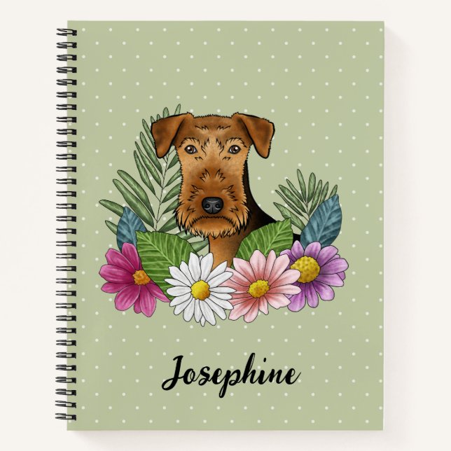 Airedale Terrier Dog Head Colourful Flowers Green Notebook (Front)