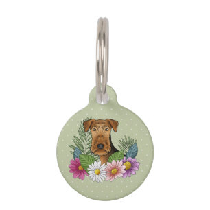 Airedale Terrier Dog Head With Colourful Flowers Pet Tag