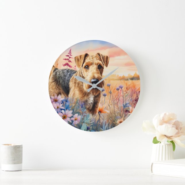 Airedale Terrier Dog in a Wildflower Meadow Large Clock (Home)