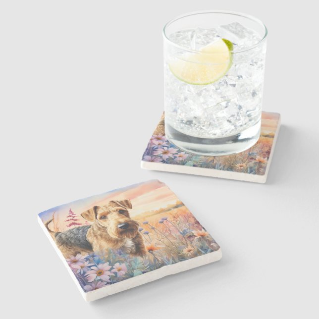 Airedale Terrier Dog in a Wildflower Meadow Stone Coaster (Side)