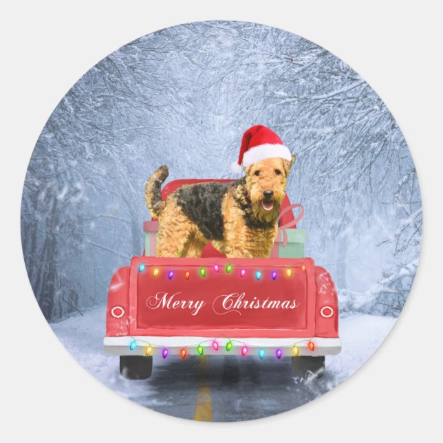 Airedale Terrier Dog in Snow sitting in Christmas  Classic Round Sticker (Front)