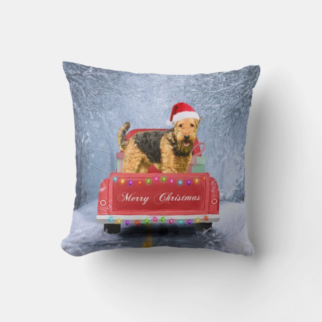 Airedale Terrier Dog in Snow sitting in Christmas  Cushion (Front)