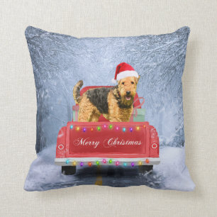 Airedale Terrier Dog in Snow sitting in Christmas  Cushion