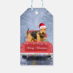 Airedale Terrier Dog in Snow sitting in Christmas Gift Tags