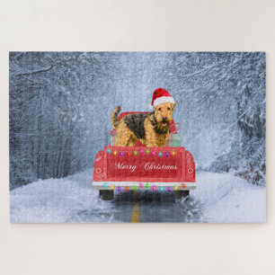 Airedale Terrier Dog in Snow sitting in Christmas  Jigsaw Puzzle