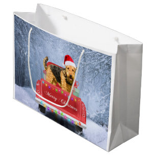 Airedale Terrier Dog in Snow sitting in Christmas  Large Gift Bag