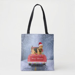 Airedale Terrier Dog in Snow sitting in Christmas Tote Bag
