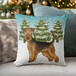 Airedale Terrier Dog In Snowy Winter Forest Cute Cushion