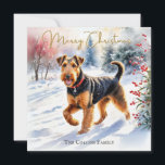 Airedale Terrier Dog In Winter Snow Christmas Holiday Card<br><div class="desc">This elegant Christmas card pictures an Airedale Terrier, enjoying a walk through the snow with a late afternoon sky, red berries and evergreen trees. The illustration is in an attractive watercolor style. At the top is the greeting 'Merry Christmas' in stylish script typography, while the text at the bottom can...</div>